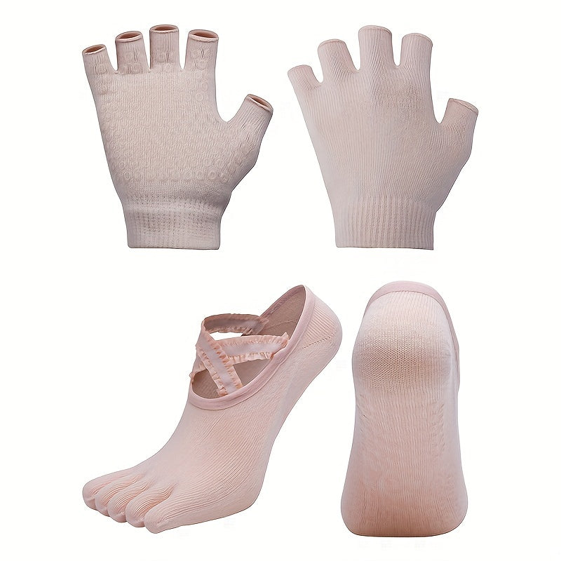 Non-Slip Gloves & Yoga Socks Set for Fitness Sports - Half Finger Gloves & Cross