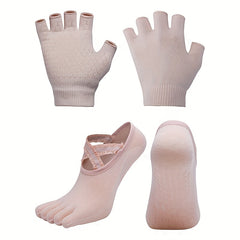 Non-Slip Gloves & Yoga Socks Set for Fitness Sports - Half Finger Gloves & Cross