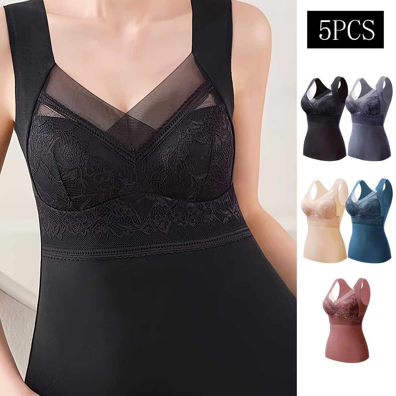 5pcs Contrast Lace Thermal Underwear V Neck Sleeveless Padded Top
