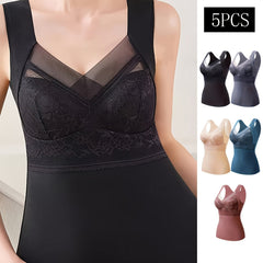 5pcs Contrast Lace Thermal Underwear V Neck Sleeveless Padded Top