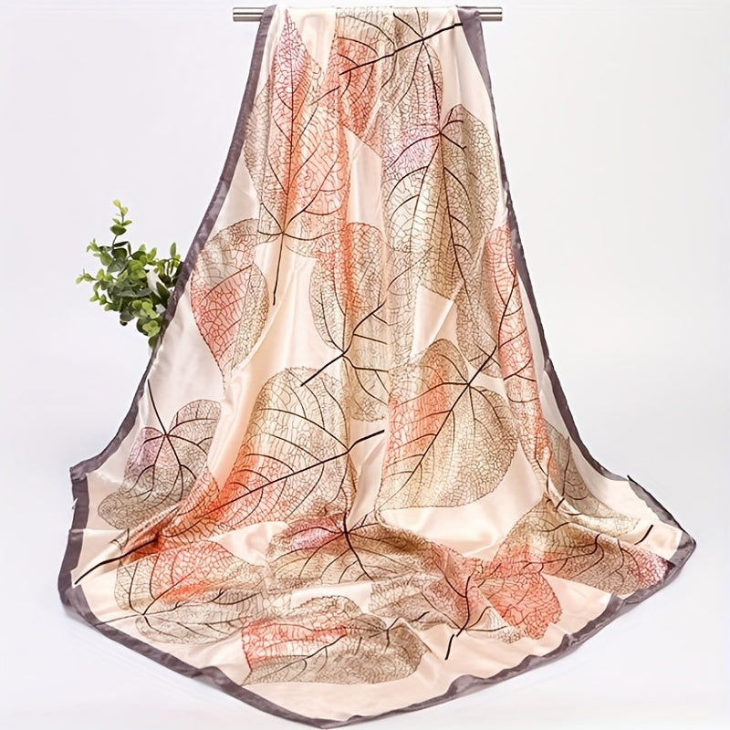 Colorful Leaf Print Square Scarf Satin Bandana Shawl Silk