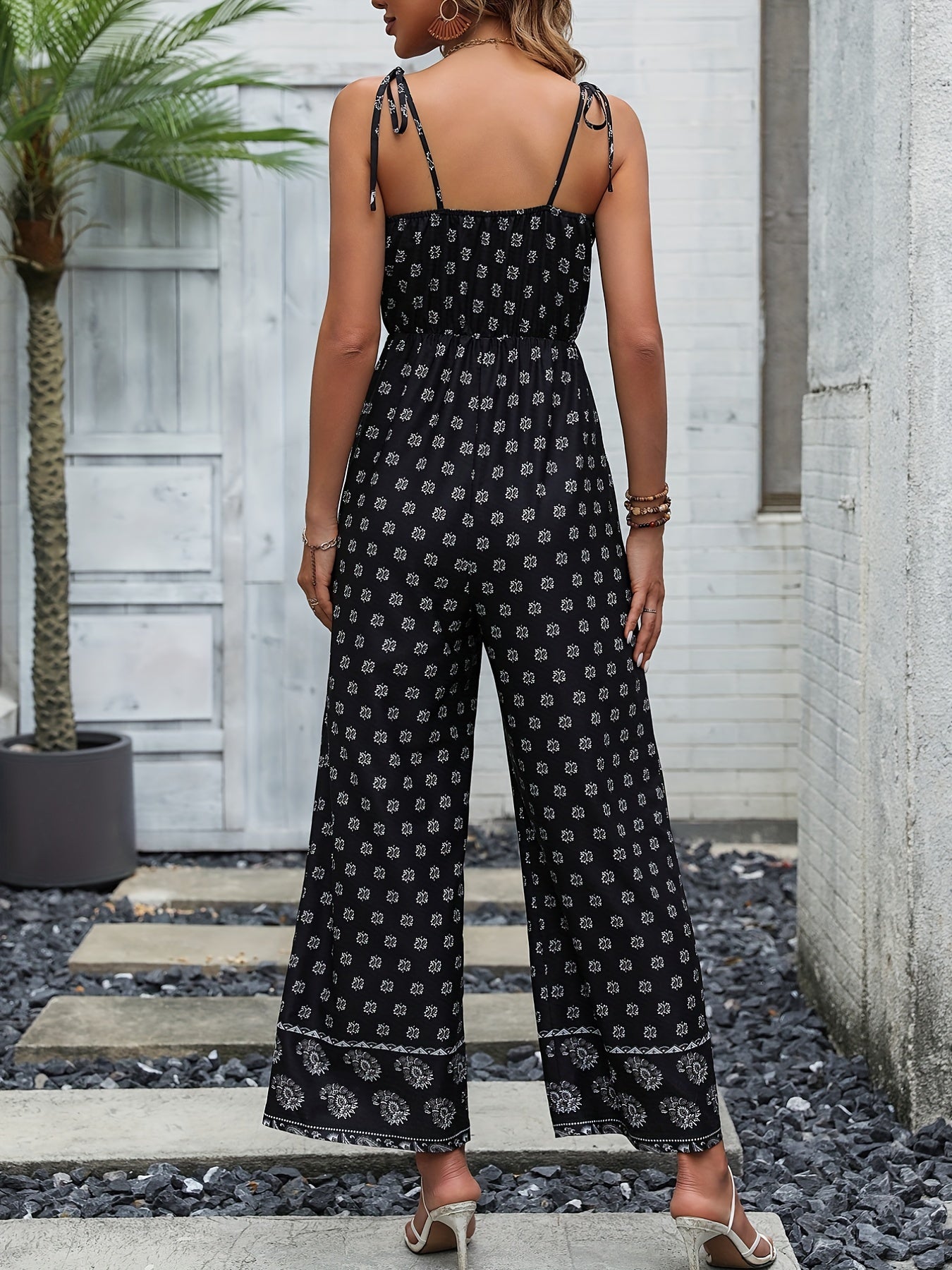 Floral Print Lace Up Wide Leg Jumpsuit