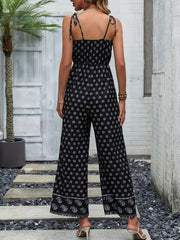 Floral Print Lace Up Wide Leg Jumpsuit