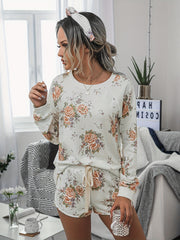 Floral Print Lounge Set Crew Neck Top & Lace Up Shorts