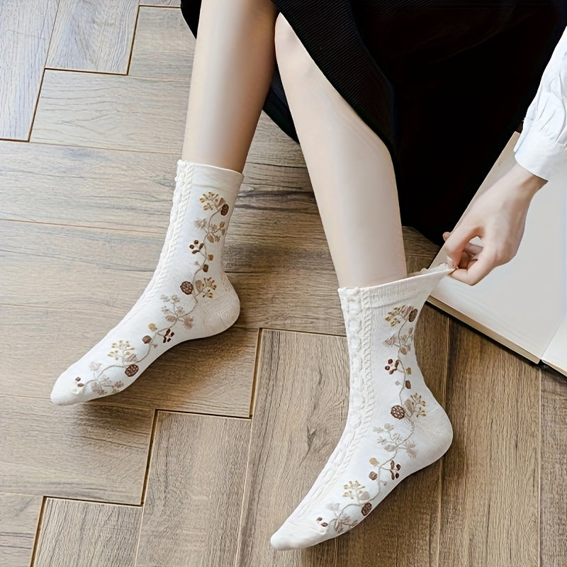 5 Pairs Floral Print Socks Comfy & Ruffle Women's Stockings