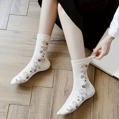 5 Pairs Floral Print Socks Comfy & Ruffle Women's Stockings