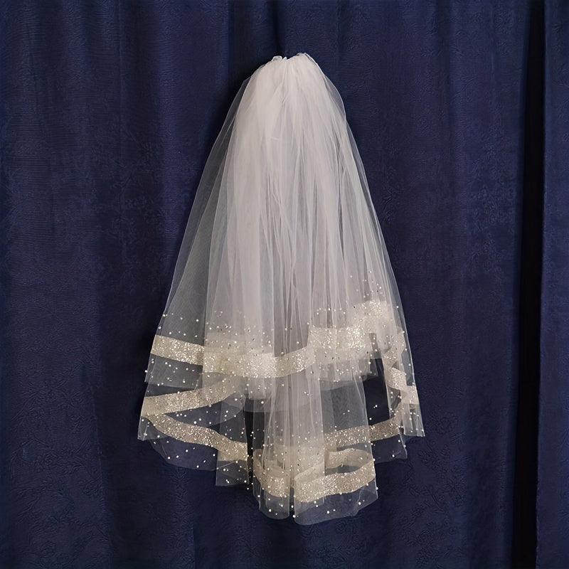 2 Tiers Ribbon Faux Pearl Edge Veil Bridal Wedding Hair Accessories