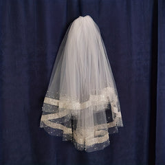 2 Tiers Ribbon Faux Pearl Edge Veil Bridal Wedding Hair Accessories