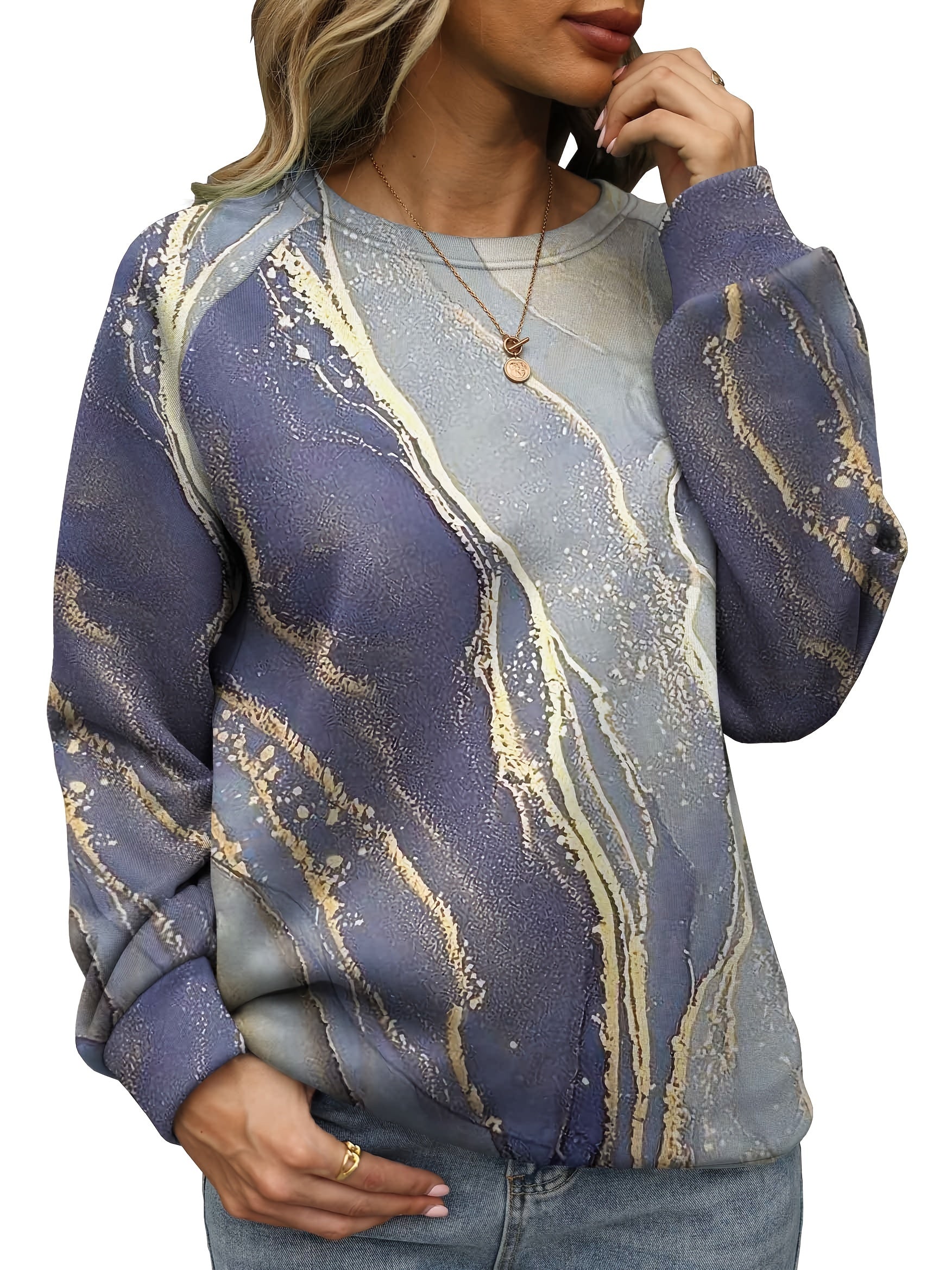 Marble Print Pullover Sweatshirt for Fall & Winter