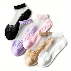 6 Pairs Floral Lace Socks Lightweight Low Cut Mesh Stockings