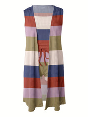 Colorful Stripe Print Top & Shorts & Coat 3-Piece Outfit