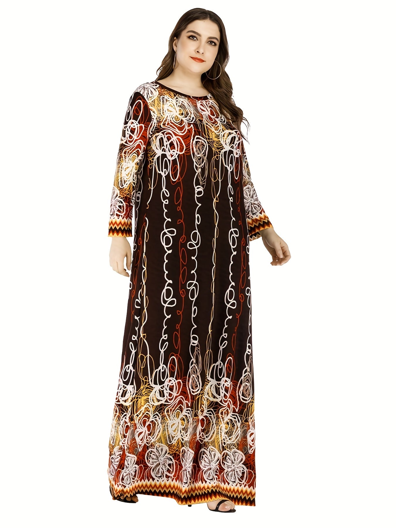 Retro Dress Women's Plus Abstract Stripe Print Long Sleeve Round Neck