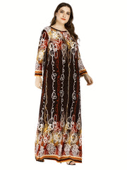 Retro Dress Women's Plus Abstract Stripe Print Long Sleeve Round Neck