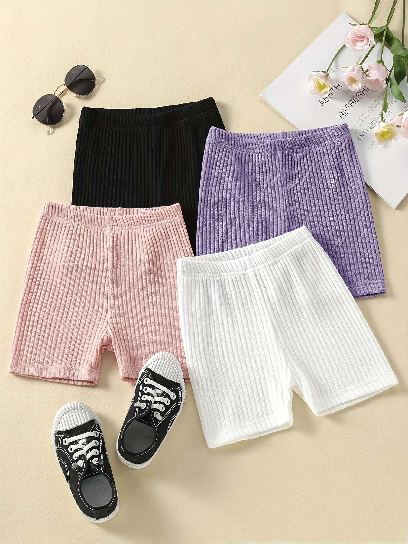 4pcs Girls Plain Knit Shorts Set for Kids