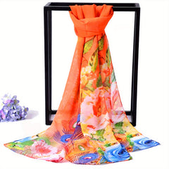 Peacock Print Chiffon Scarf for Women