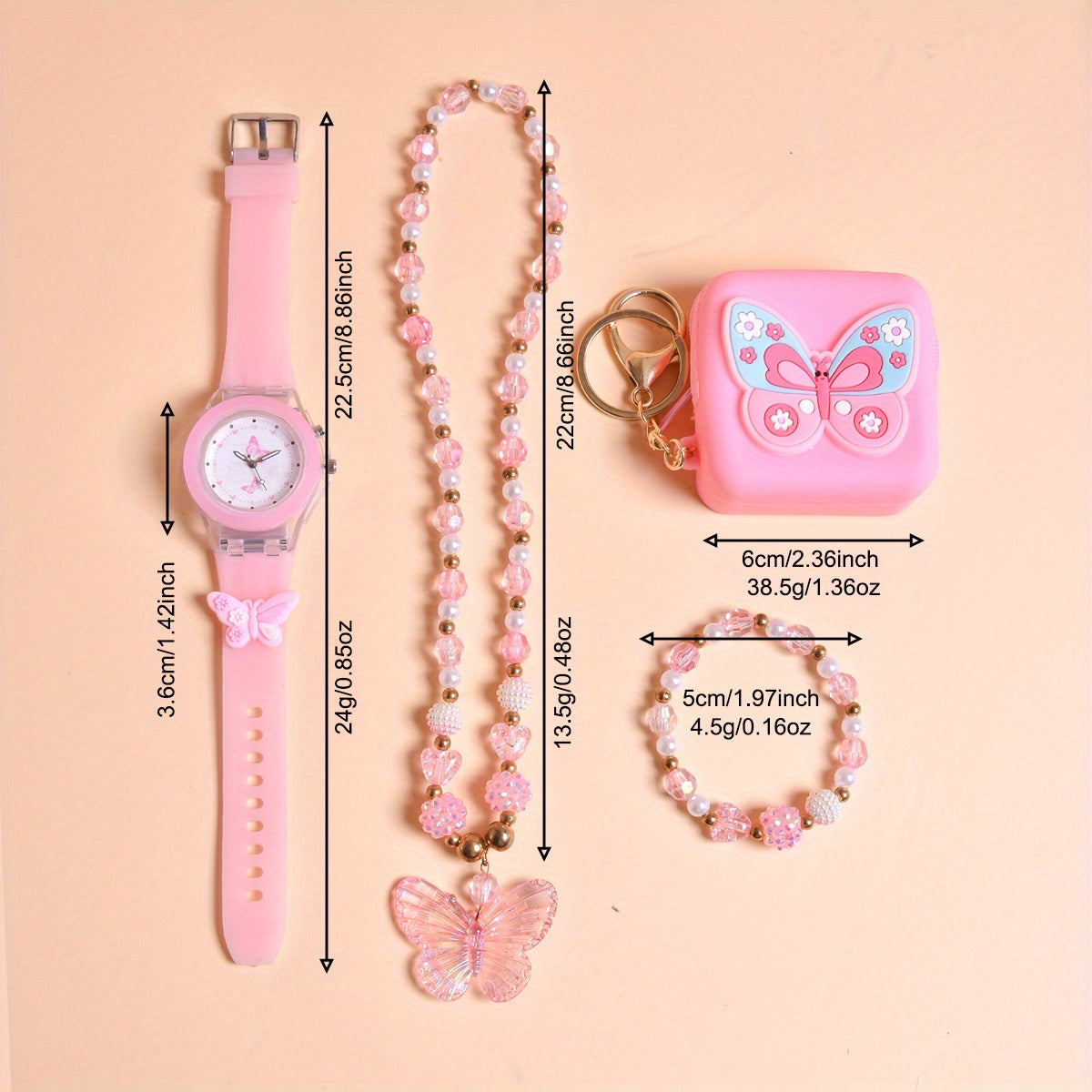 Girls Butterfly & Floral Quartz Watch Silicone Bracelet Set