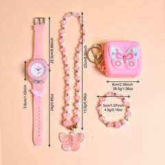Girls Butterfly & Floral Quartz Watch Silicone Bracelet Set