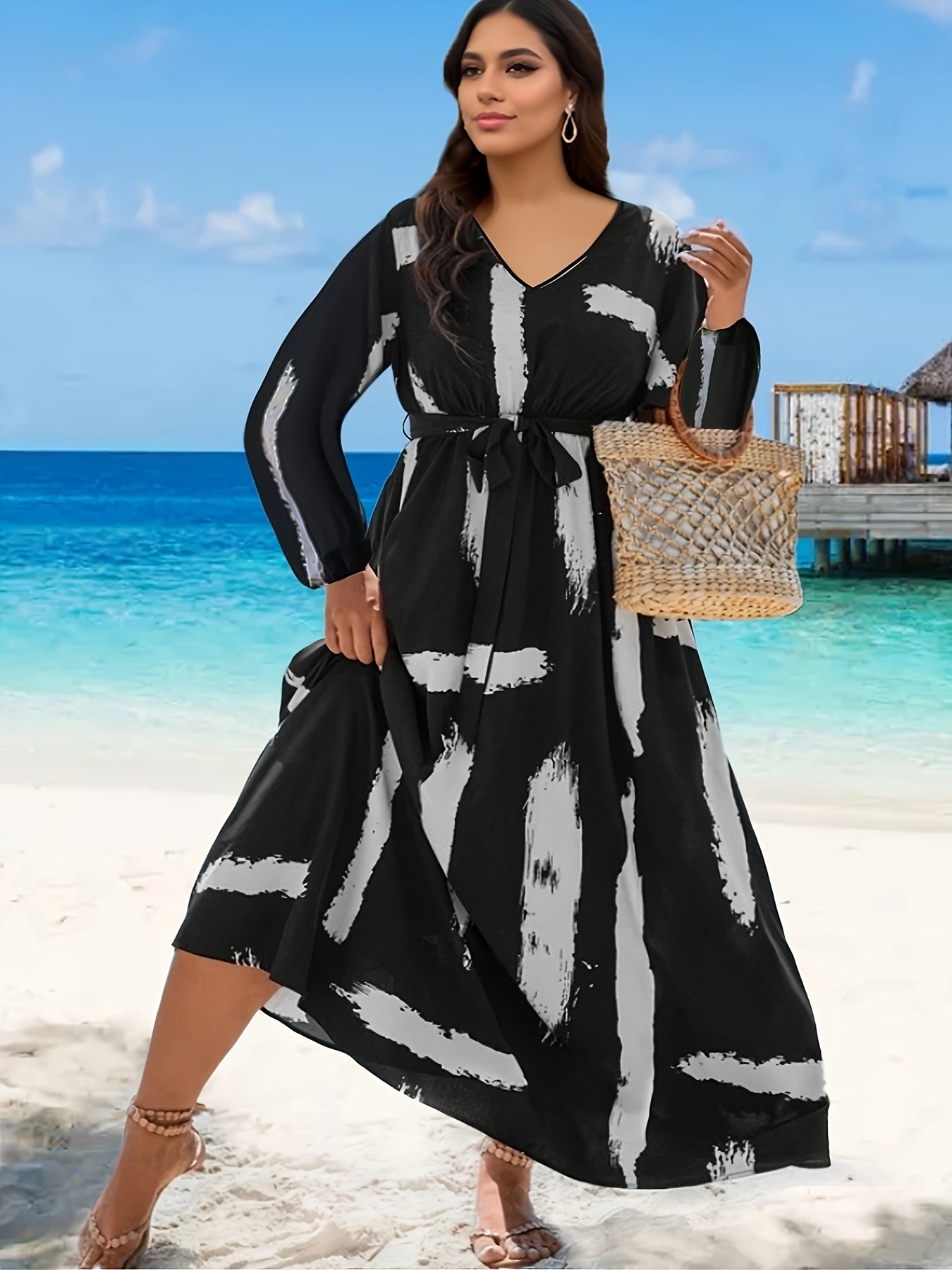 Women's Plus Brush Print Long Sleeve V Neck Maxi Dress With Belt