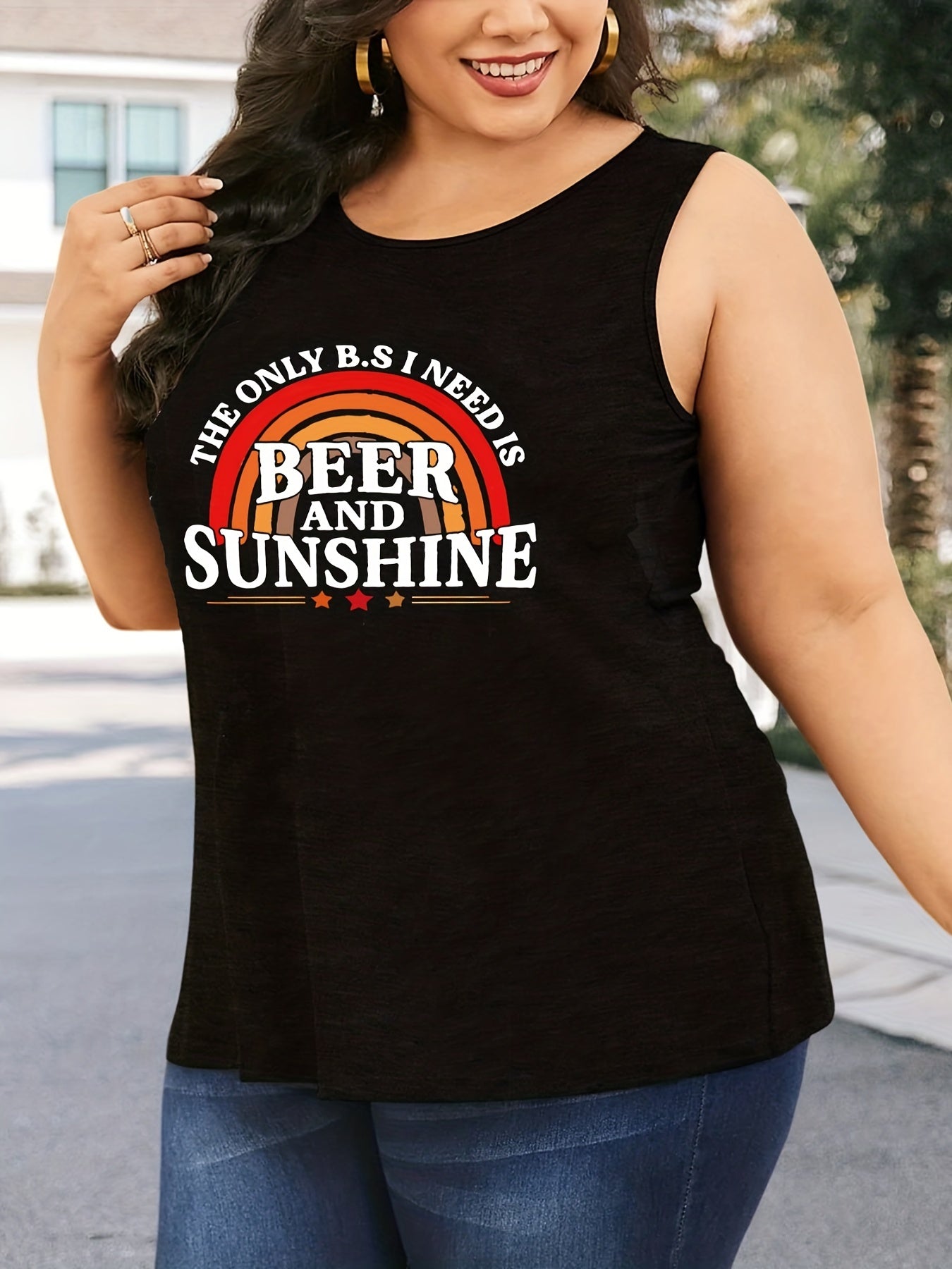Rainbow Print Tank Top Women's Round Neck Stretch Top