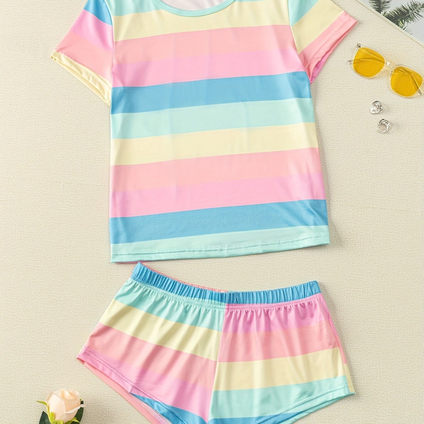 Rainbow Stripe Pajama Set Cozy Shorts & Crew Neck Top Women's Loungewear