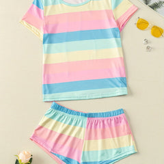 Rainbow Stripe Pajama Set Cozy Shorts & Crew Neck Top Women's Loungewear