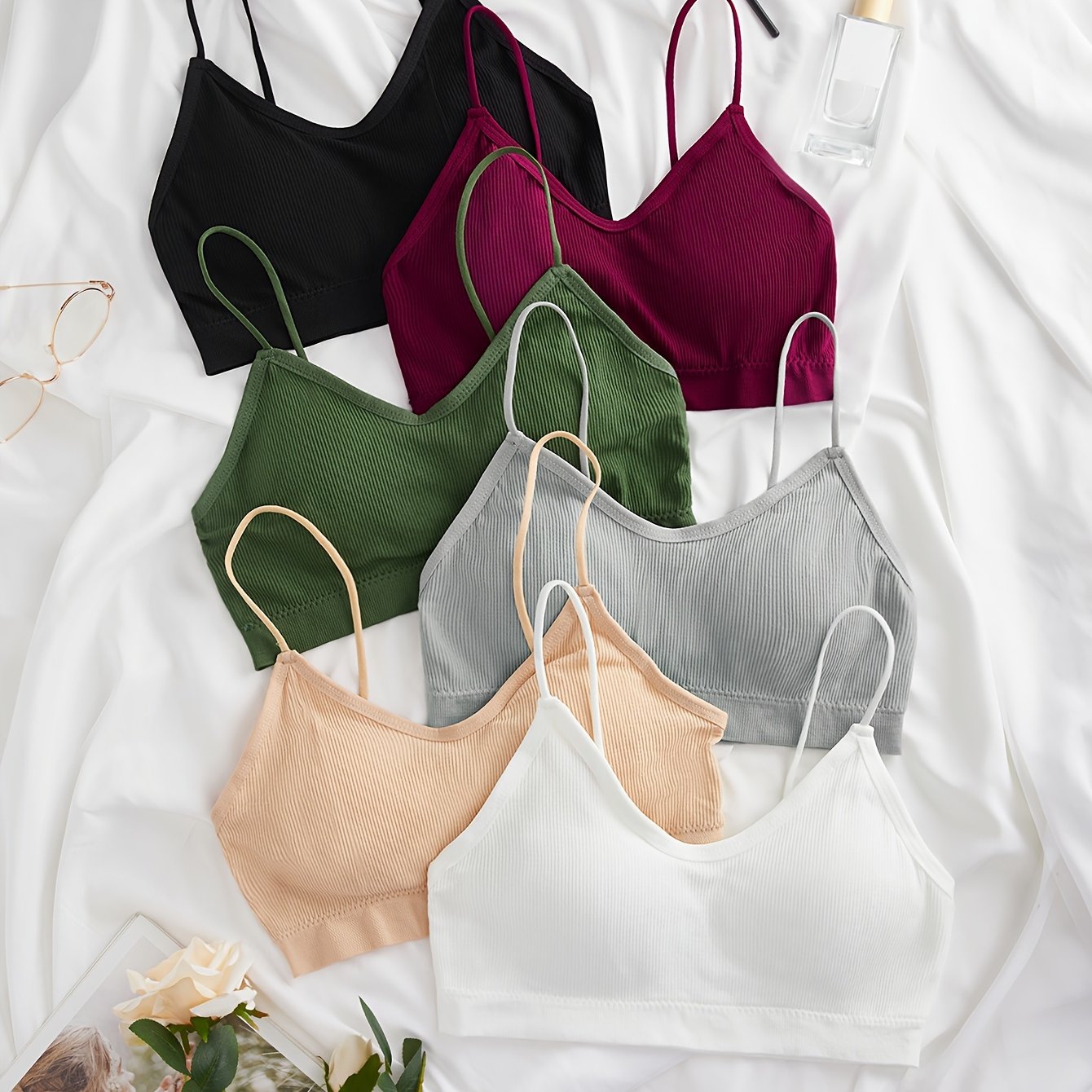 6pcs Wireless Ribbed Bras Comfortable & Breathable Intimates Women's Lingerie