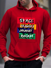 Space Rocket Letter Print Hoodie Men's Casual Graphic Pullover Hooded Sweatshirt