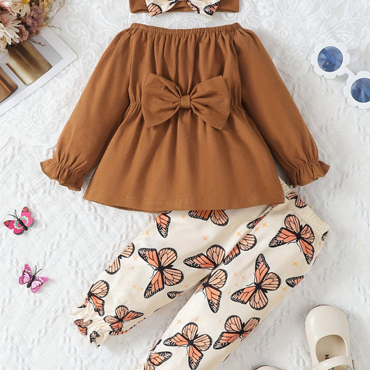 Baby Girls Bow Dress Top Set with Butterfly Print Pants