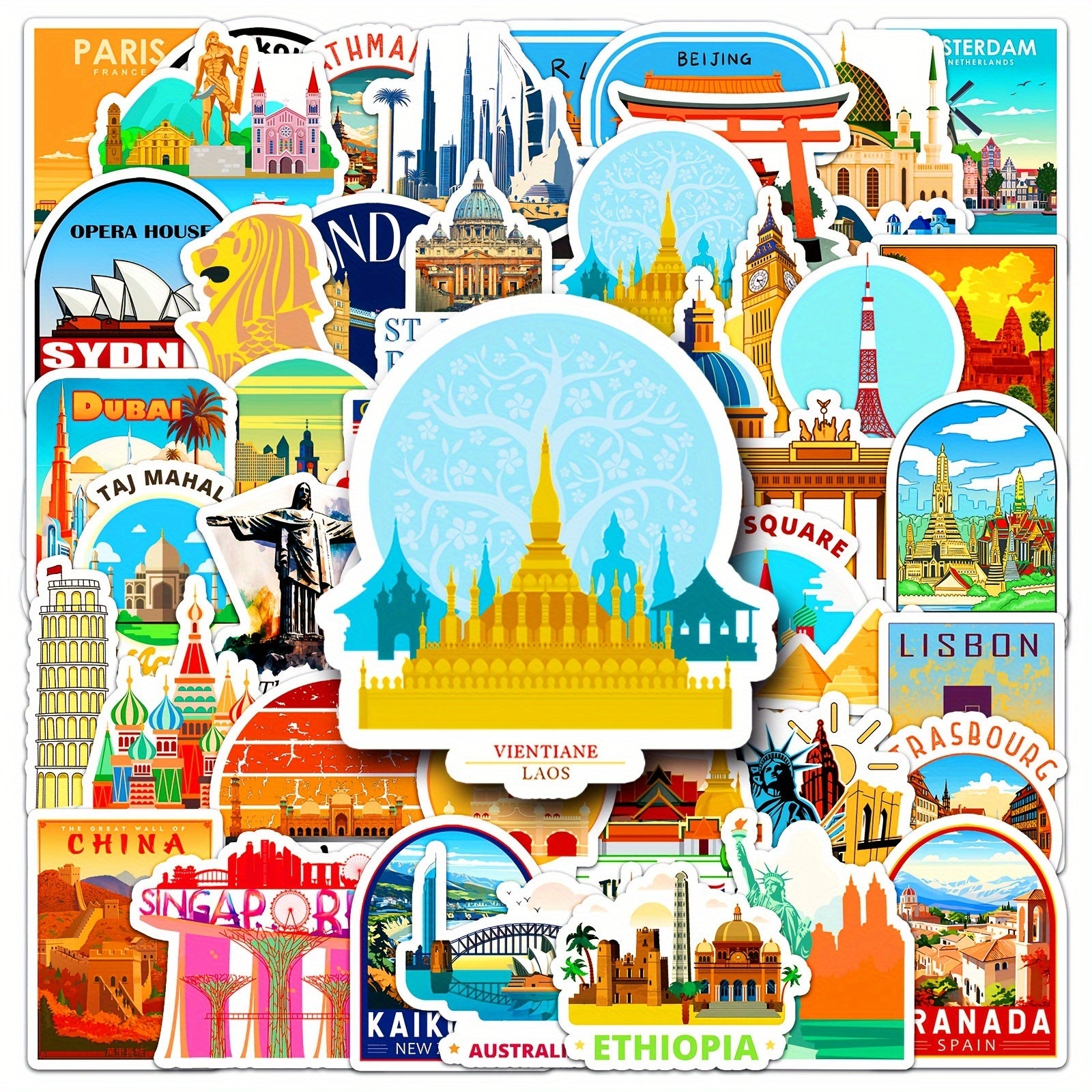 50 Cartoon City Landmark Stickers For Laptop Helmet Desktop Water Cup