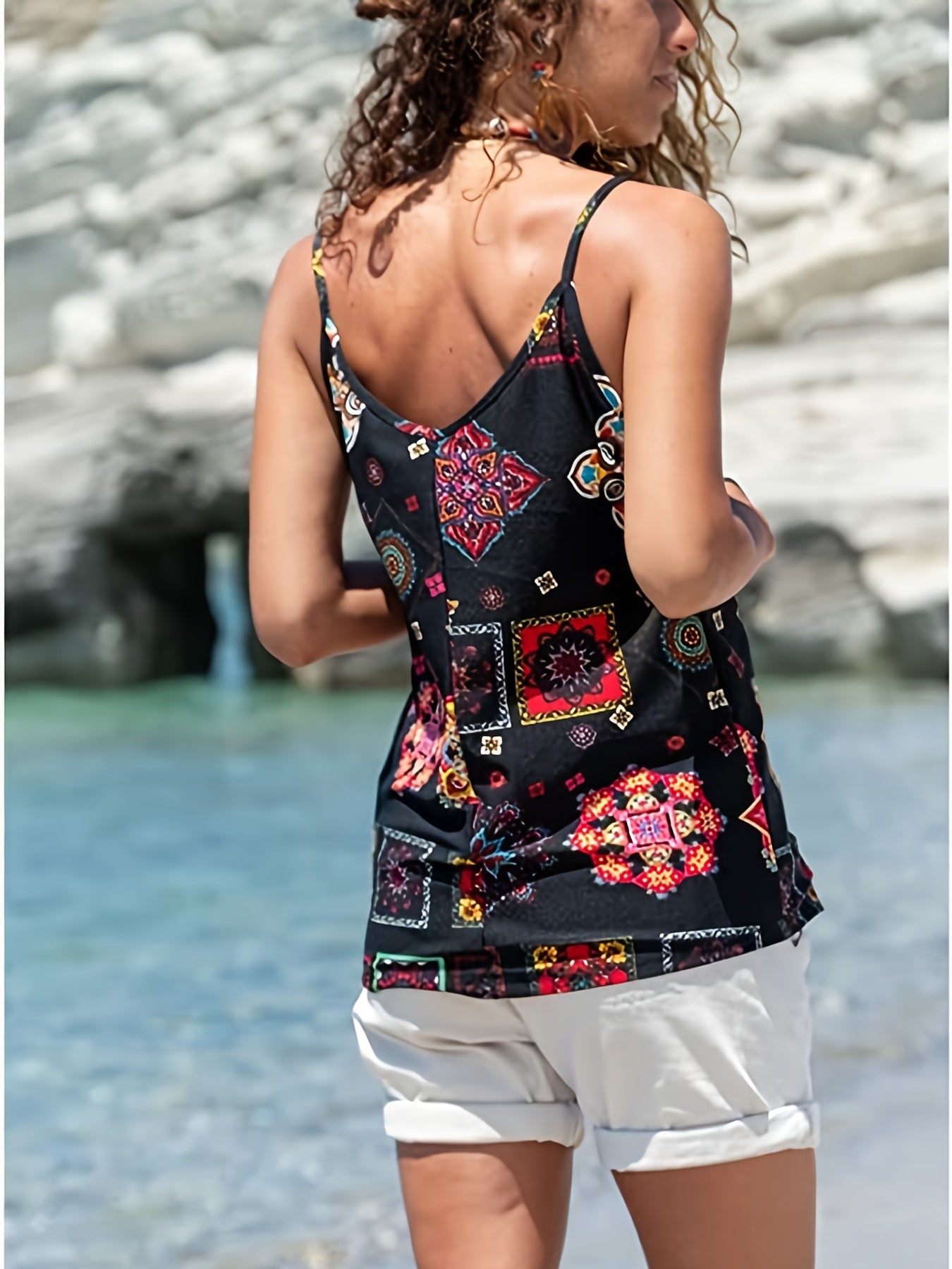 Graphic Print Cami Top Sleeveless Crew Neck Casual Top