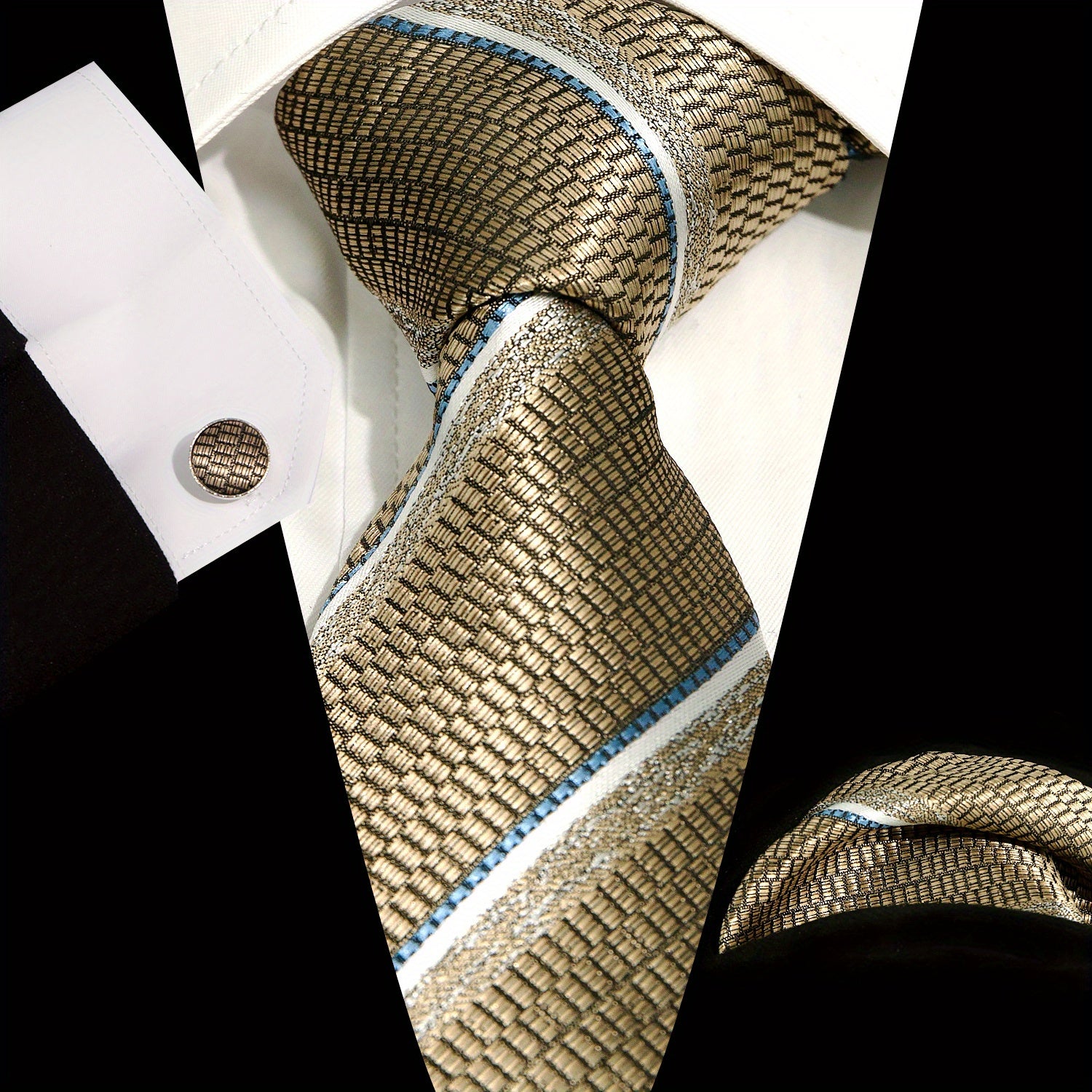 Men's Tie Set Plaid Striped Necktie Pocket Square Cufflinks Set
