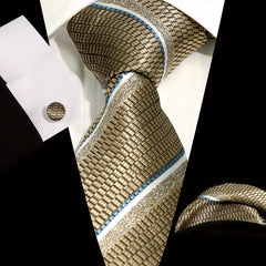Men's Tie Set Plaid Striped Necktie Pocket Square Cufflinks Set