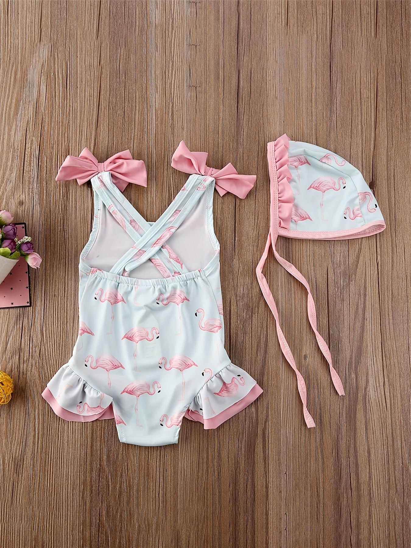 2pcs Toddler Baby Girl Flamingo Swimsuit Ruffle Bathing Suits & Hats