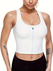 Zip Front Sports Bra Longline Fitness Crop Top Gym Yoga Workout Shirt
