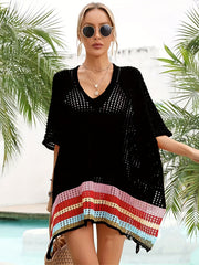 Colorful Stripes Open Knitted Cover Up Dress V Neck Batwing Sleeve