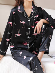 Flamingo Print Satin Pajama Set for Women