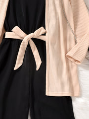 3pcs Girls Ribbed Cotton Solid Jumpsuit Apricot Jacket Sets
