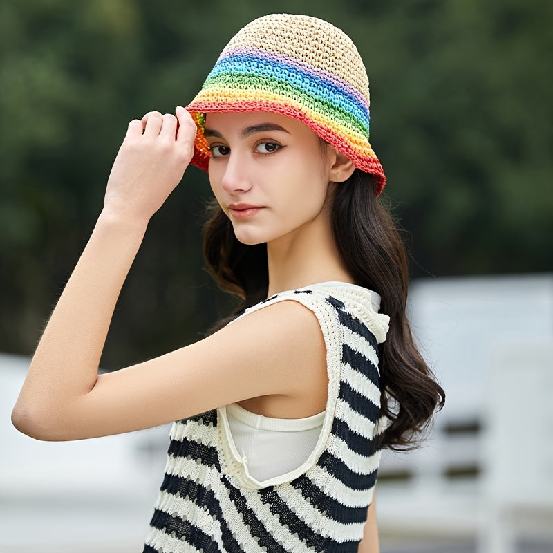 Rainbow Gradient Khaki Bucket Hat Short Brim Straw Fisherman Cap