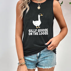 Goose Print Tank Top Sleeveless Crew Neck Women's Clothing