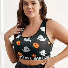 Halloween Sports Bra Womens Plus Pumpkin & Ghost Print Bralette