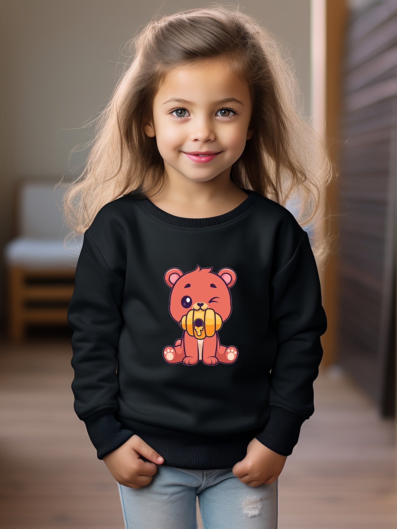 Bear Print Girls Casual Pullover Sweatshirt Long Sleeve Crew Neck Tops