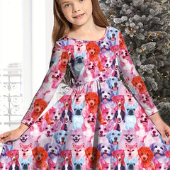 Sweet Puppy Graphic Long Sleeve Crew Neck Dress Girls Comfy Dresses