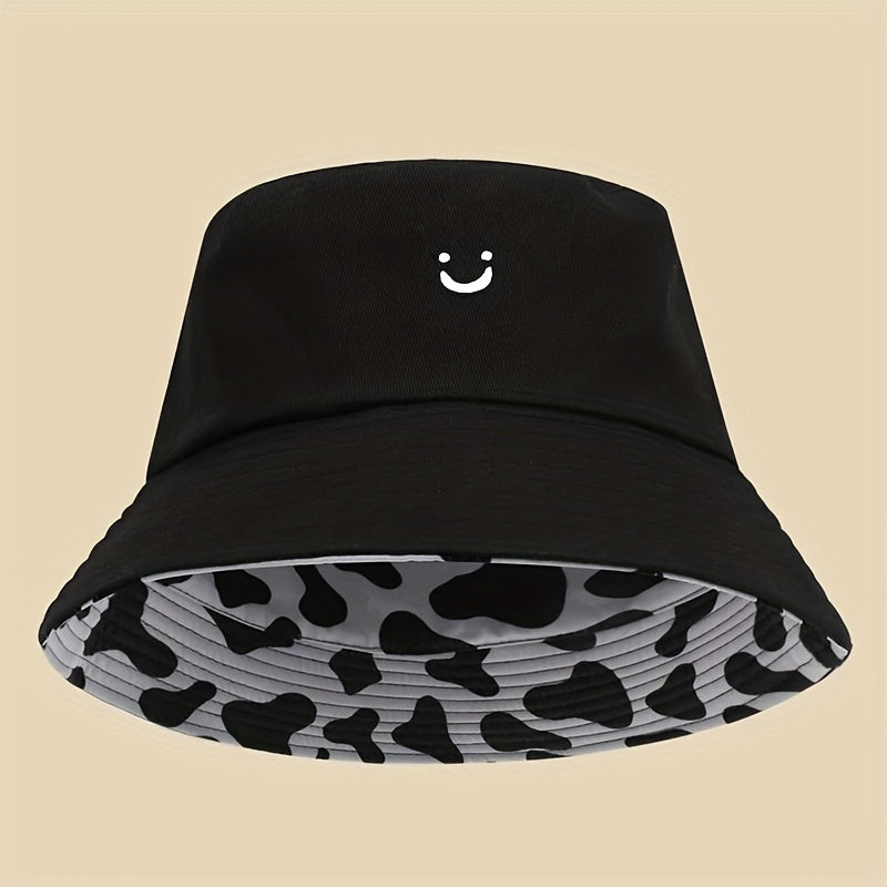 Cow Pattern Reversible Bucket Hat Smiling Face Embroidery Basin Hat