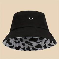 Cow Pattern Reversible Bucket Hat Smiling Face Embroidery Basin Hat