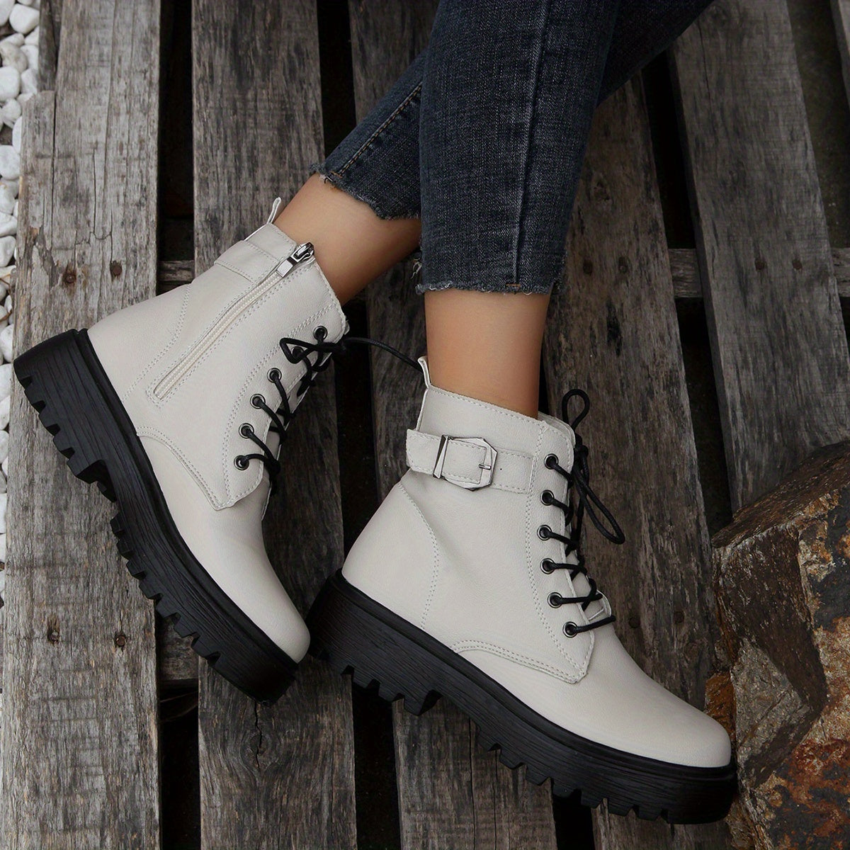 Women's Lace Up Short Boots Platform Waterproof Shoes