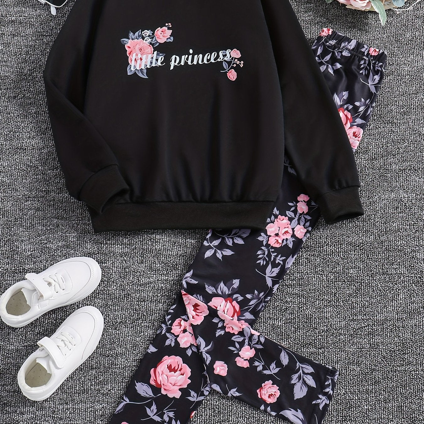 Girl's Floral Pattern 2pcs Sweatshirt & Leggings Set LITTLE PRINCESS Print