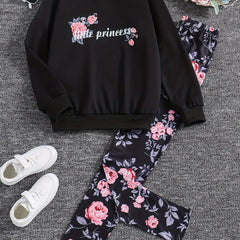 Girl's Floral Pattern 2pcs Sweatshirt & Leggings Set LITTLE PRINCESS Print