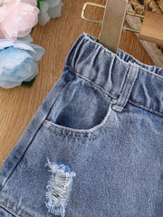 Girls Casual Ripped Denim Skirt Pleated Elastic Waist Kids Mini Skirt