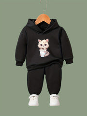 Kitty & Bottle Print 2pcs Girls Outfits, Spring Fall Outdoor Gift