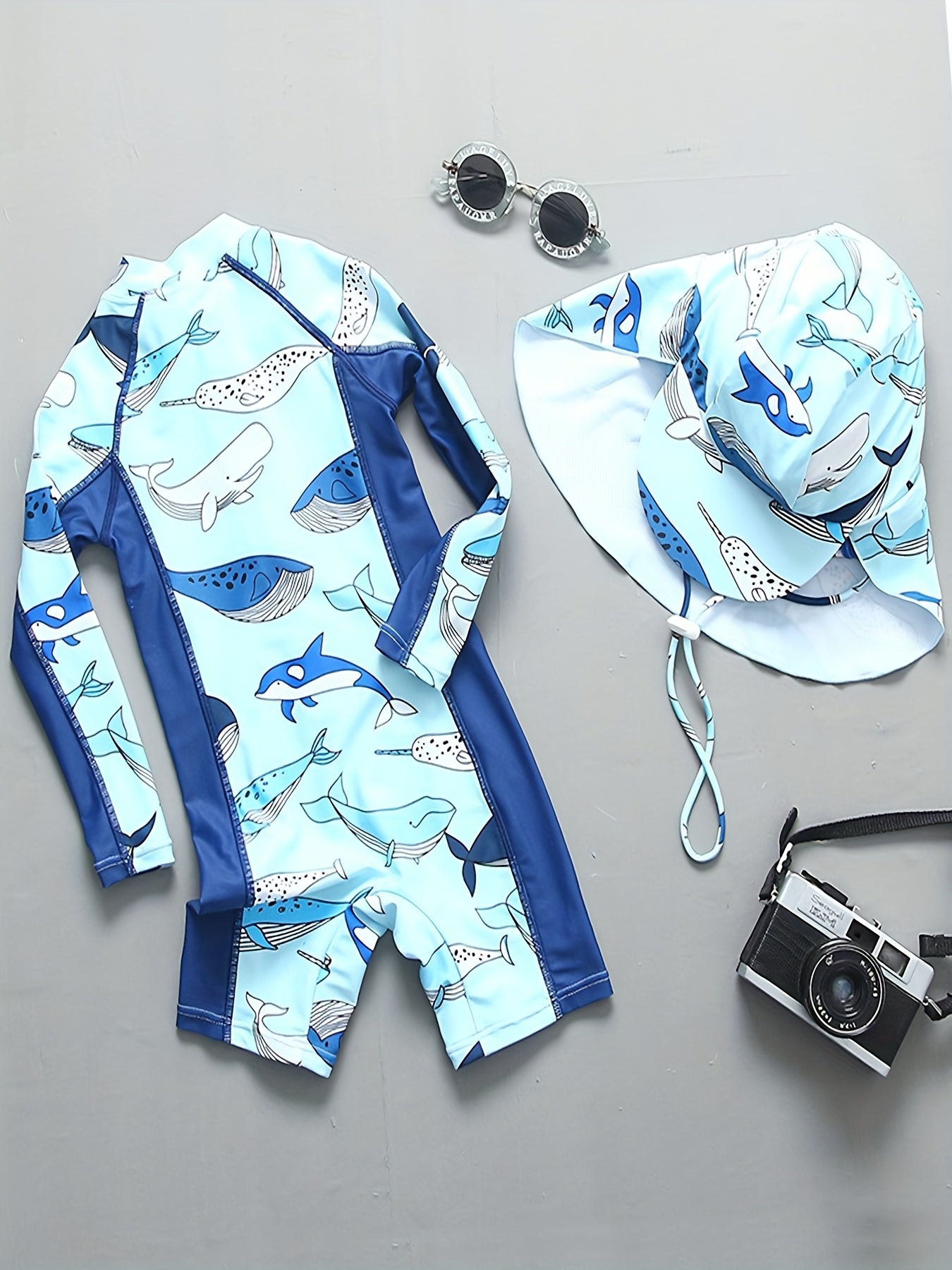 Boy's Whale Graphic One Piece Swimsuit Short Sleeves Zip Up Swimwear